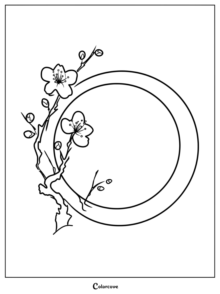A minimalist Zen Enso circle coloring page decorated with delicate cherry blossom branches and buds.