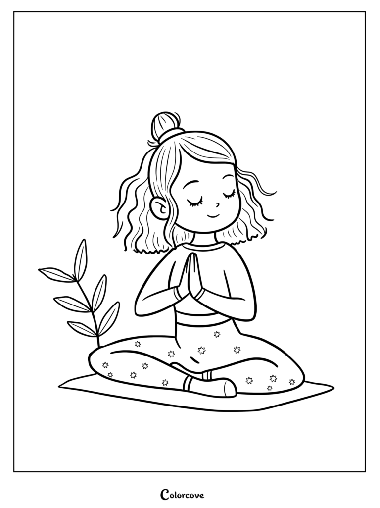 A girl with a top knot hairstyle sitting in a lotus pose on a mat, hands in prayer position, next to a small plant, coloring page.