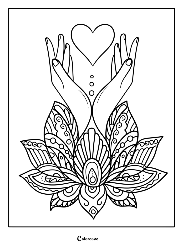 A line art coloring page featuring two hands cupping a heart above an intricate mandala lotus flower design.