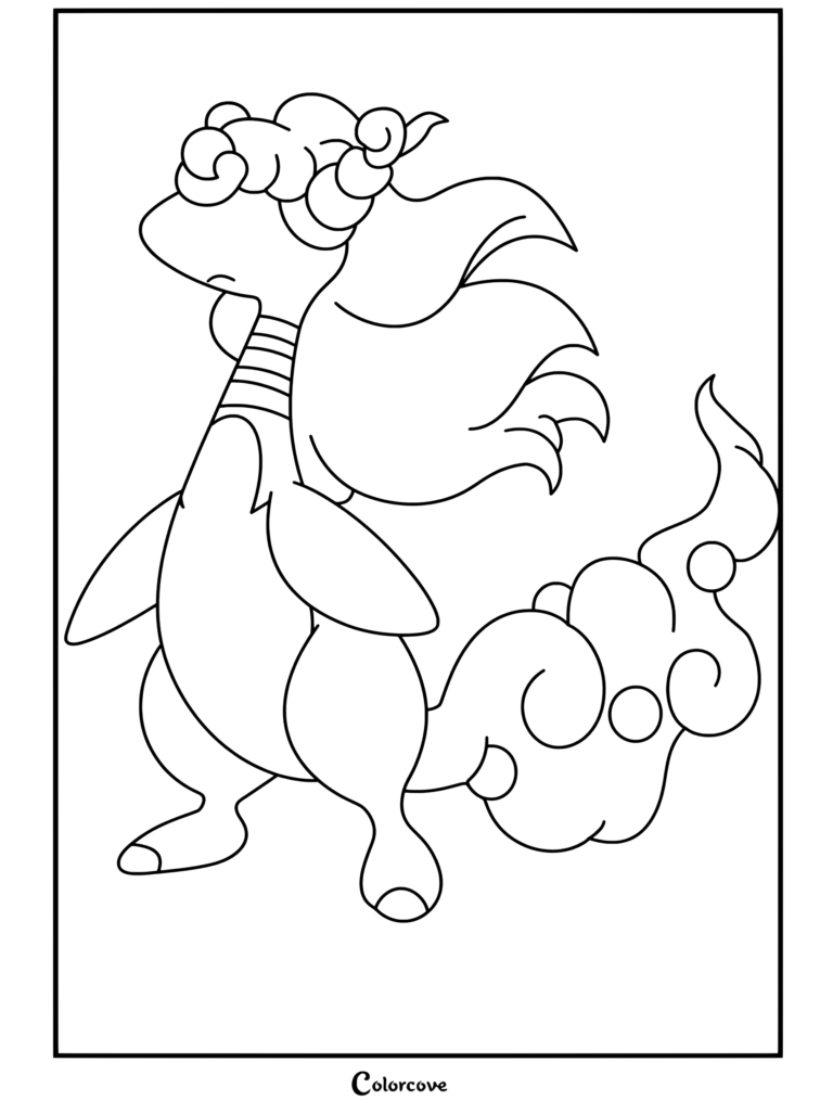 Coloriage de Méga Pharamp présentant le Mega Pokemon de type Dragon avec sa longue laine fluide et son cou rayé.