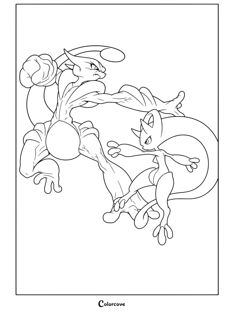 Méga Mewtwo X combattant Mewtwo dans un affrontement dynamique avec des auras d'énergie, page de coloriage pour les fans de Mega Pokemon