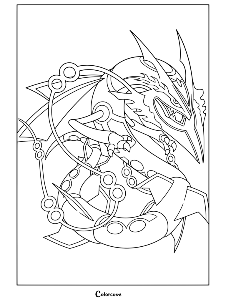 Coloriage de Méga Rayquaza, un dragon légendaire Mega Pokemon serpentin enroulé, avec des banderoles jaunes lumineuses et une expression menaçante.