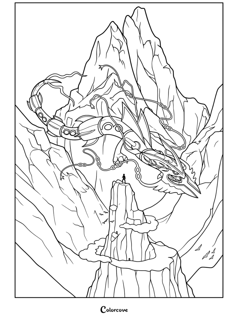 Coloriage de Méga Rayquaza volant au-dessus d'une falaise de montagne avec un dresseur en contrebas dans le décor du Pilier Céleste pour les fans de Mega Pokemon.