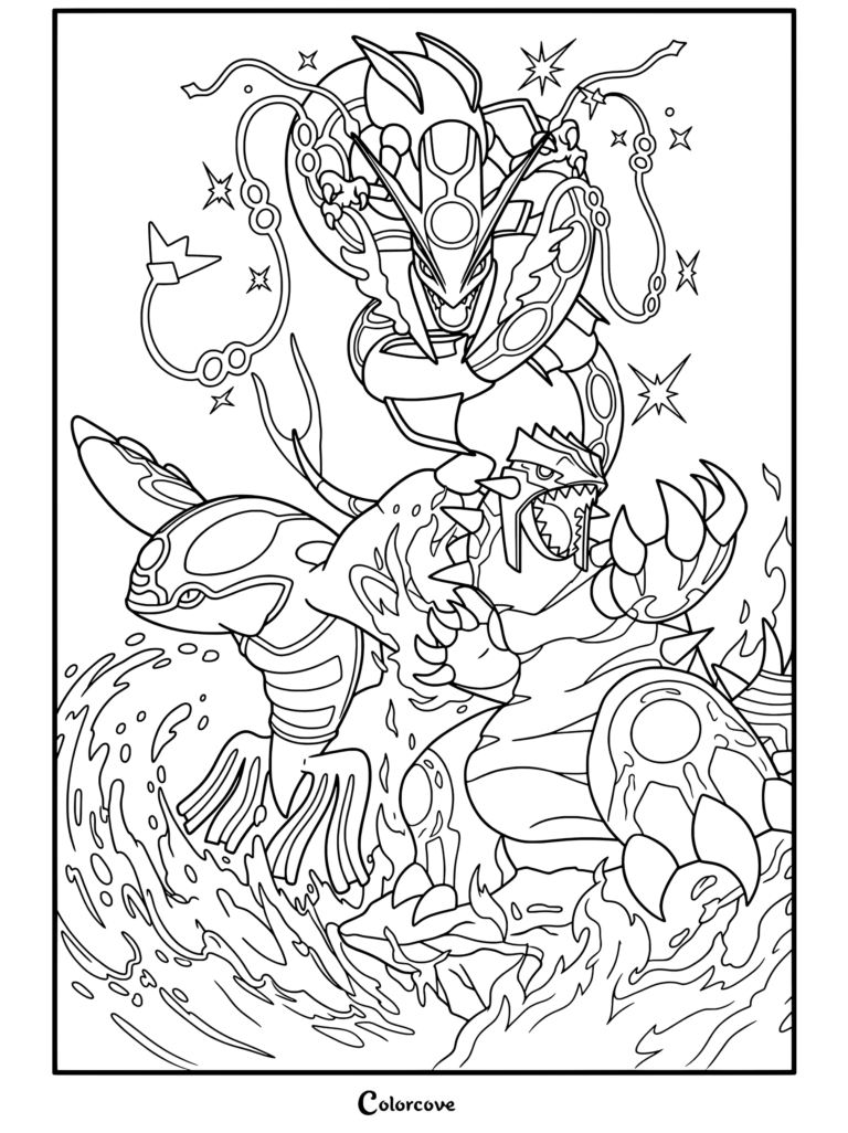 Page de coloriage gratuite de Mega Pokemon représentant Méga Rayquaza, Kyogre Primitif et Groudon Primitif dans une scène de bataille épique du trio météo.