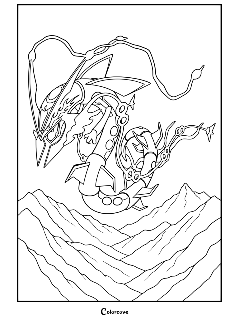 Méga Rayquaza s'élevant majestueusement au-dessus d'une chaîne de montagnes brumeuse avec des banderoles dorées, dans un coloriage de Mega Pokemon.