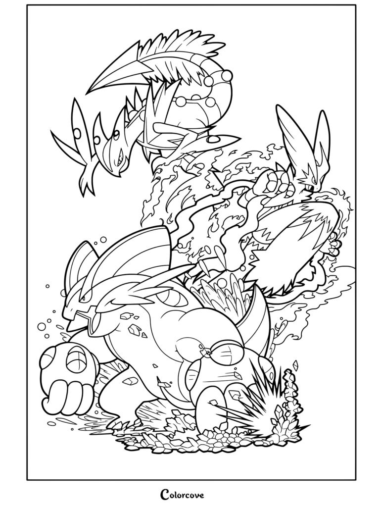 Page de coloriage à imprimer de Méga Jungko, Méga Braségali et Méga Laggron dans des poses d'action dynamiques entourés d'éléments de la nature, du feu et de l'eau, mettant en valeur Mega Pokemon.