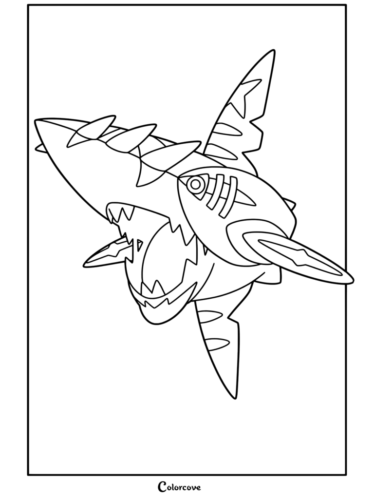 Coloriage de Mega Pokemon représentant Méga Sharpedo nageant avec la mâchoire ouverte et des piques acérées terminés.
