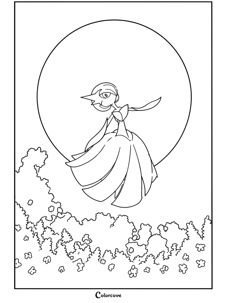 Coloriage à imprimer d'un Mega Pokemon chromatique, plus précisément Méga Gardevoir Chromatique, flottant gracieusement dans le ciel nocturne devant une pleine lune au-dessus d'une forêt.