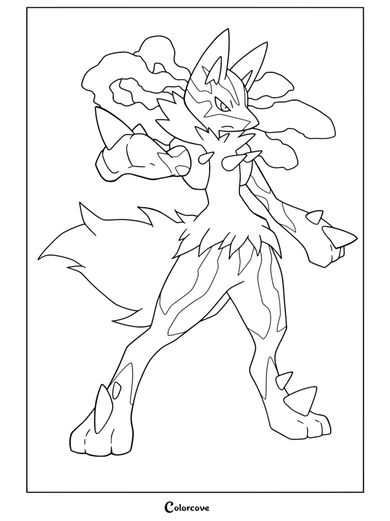 Coloriage de Méga Lucario Chromatique représentant le personnage debout dans une pose de combat dynamique avec une palette de couleurs noire, jaune et rouge dans le cadre de notre collection Mega Pokemon.