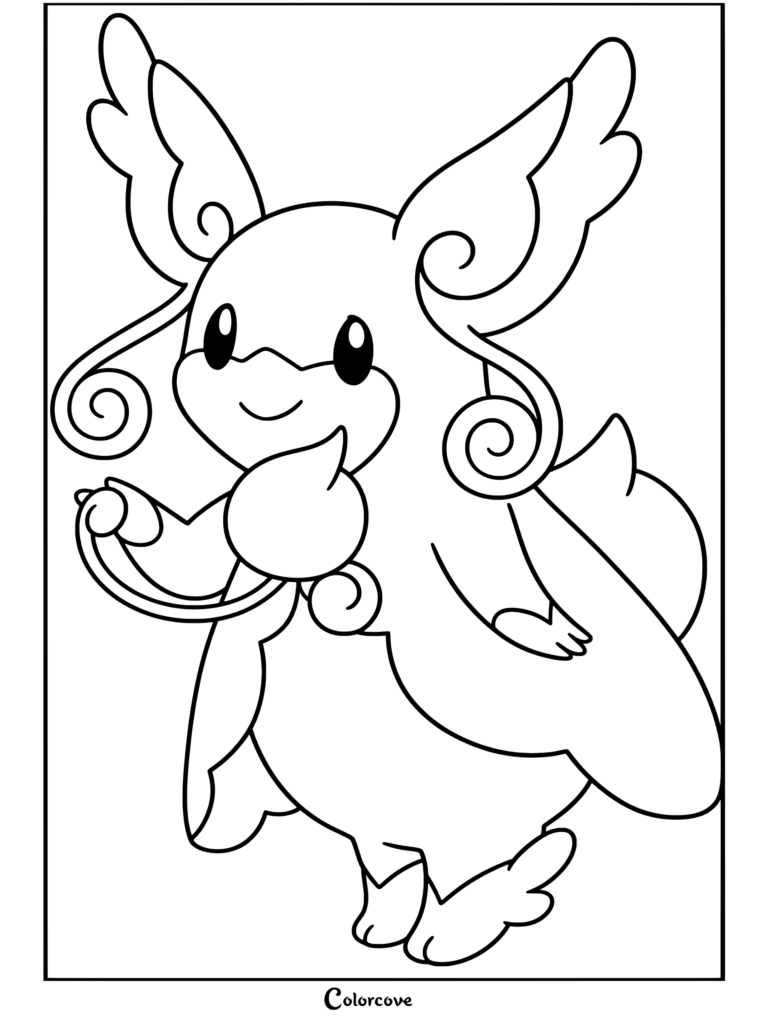 Coloriage de Méga Nanméouïe représentant un adorable personnage Mega Pokemon avec des oreilles ailées et une queue arrondie.