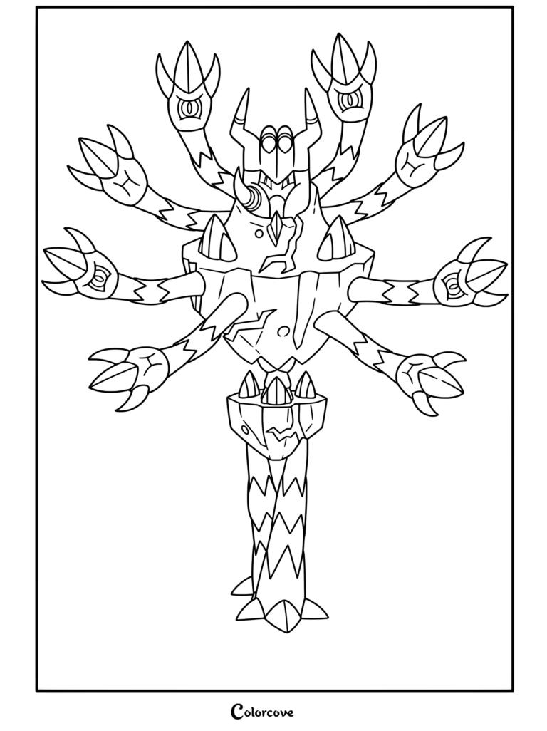 Un coloriage détaillé de Méga Gavalignon présentant de multiples bras griffus et une structure de pilier rocheux, parfait pour les fans de Mega Pokemon.