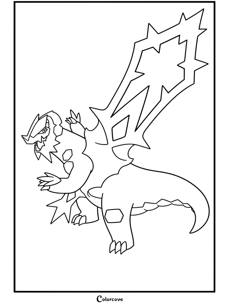 Coloriage gratuit de Méga Glaivodo de Mega Pokemon, montrant le puissant dragon debout avec de grandes ailes épineuses.