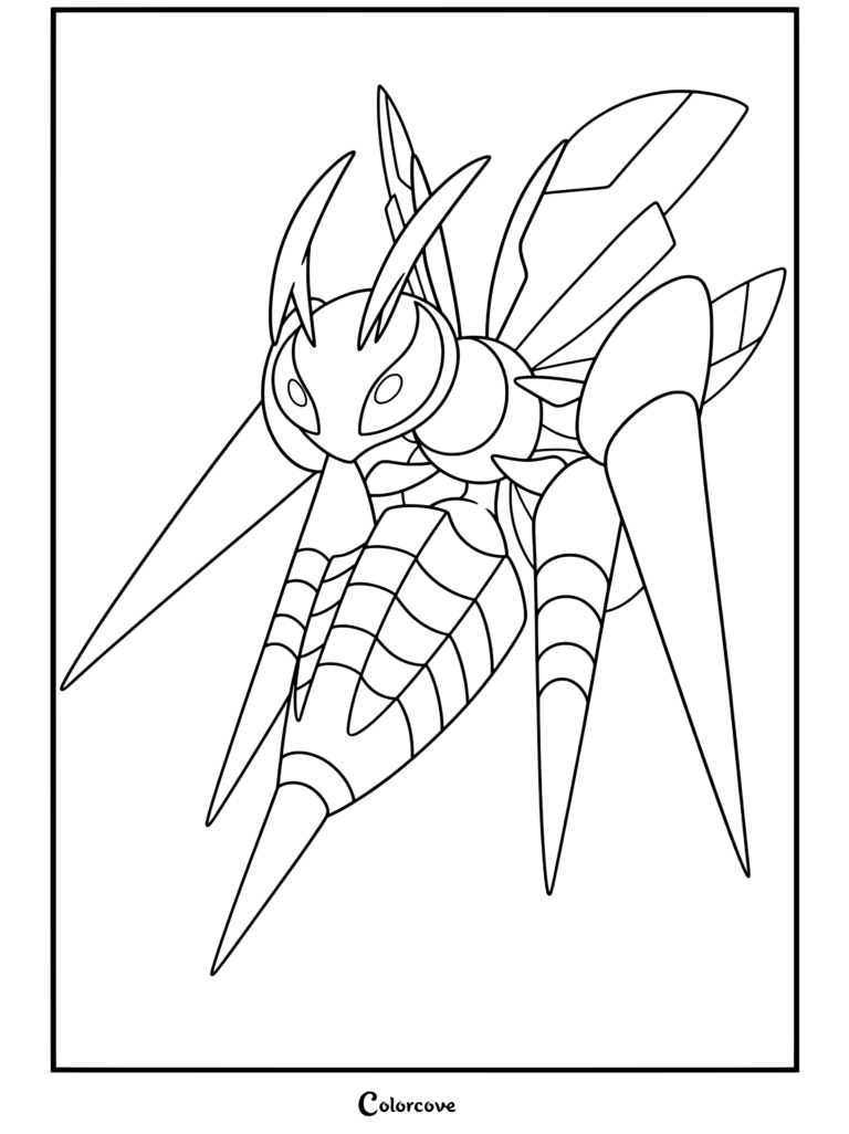 Un coloriage détaillé de Méga Dardargnan issu de Mega Pokemon, montrant ses dards acérés et sa posture agressive.