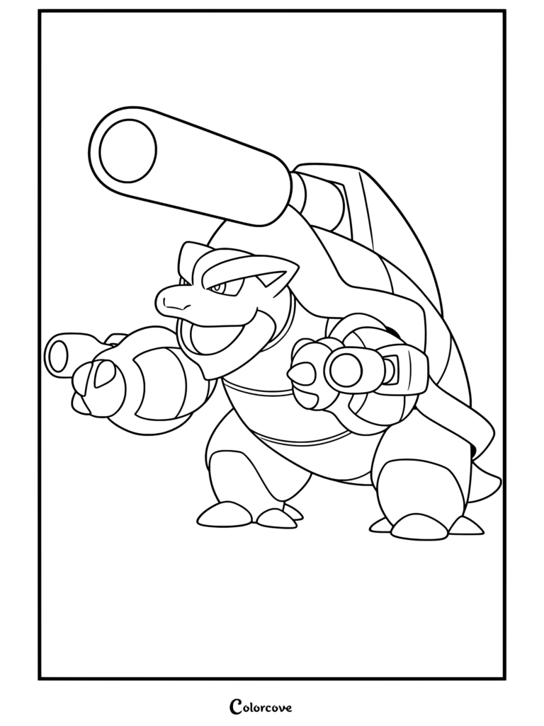 Coloriage de Méga Tortank présentant le puissant Mega Pokemon avec son canon massif.