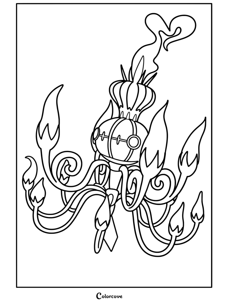 Coloriage détaillé de Méga Lugulabre de la série Mega Pokemon présentant des motifs de lustres complexes et des flammes incandescentes.