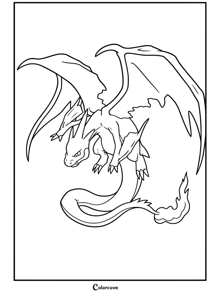 Méga Dracaufeu Y volant avec de grandes ailes déployées dans un coloriage dynamique de Mega Pokemon.