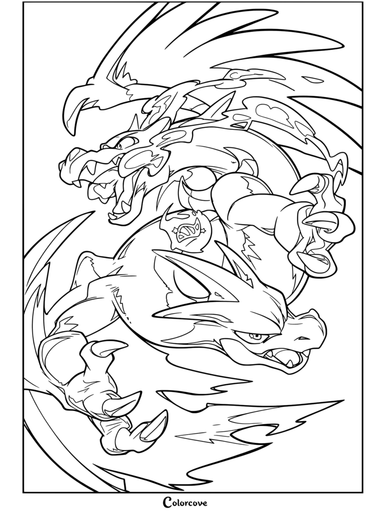Coloriage de Mega Pokemon représentant Méga Dracaufeu X et Y dans une pose dynamique pleine d'action, ailes déployées et griffes acérées tendues.