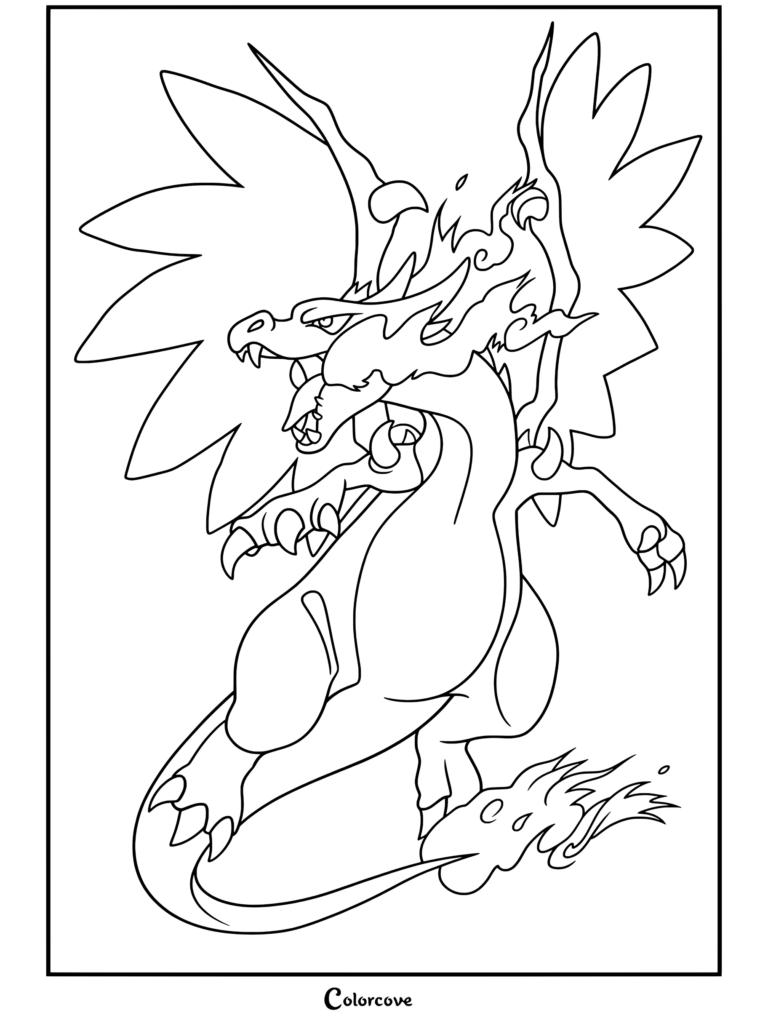 Coloriage de Méga Dracaufeu X représentant le puissant Mega Pokemon de type dragon dans une pose de vol féroce avec des ailes enflammées et des flammes sur la queue.