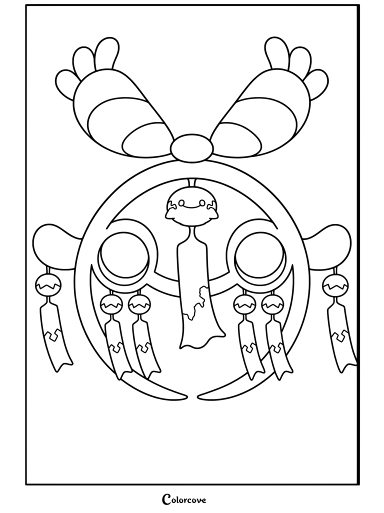 Coloriage de Méga Eoko représentant le Mega Pokemon évolué en forme de carillon éolien avec des banderoles et des rubans.
