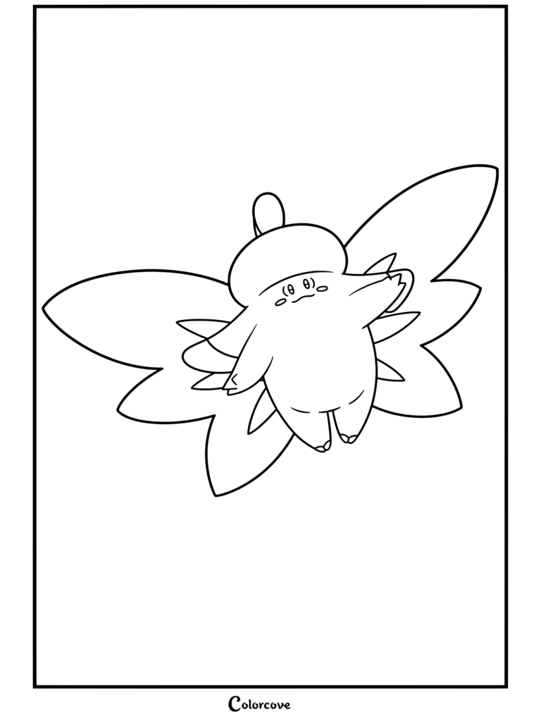 Coloriage de Méga Mado représentant le Mega Pokemon aux allures de fée volant avec les bras tendus et de grandes ailes.