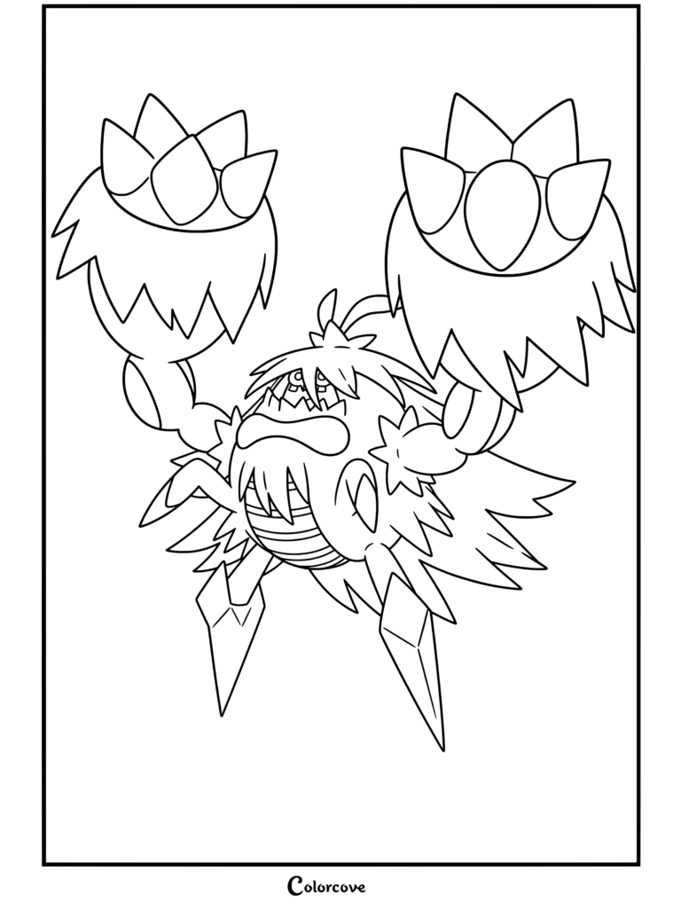 Coloriage de Mega Pokemon de Méga Crabominable avec de grandes griffes épineuses et un corps poilu.