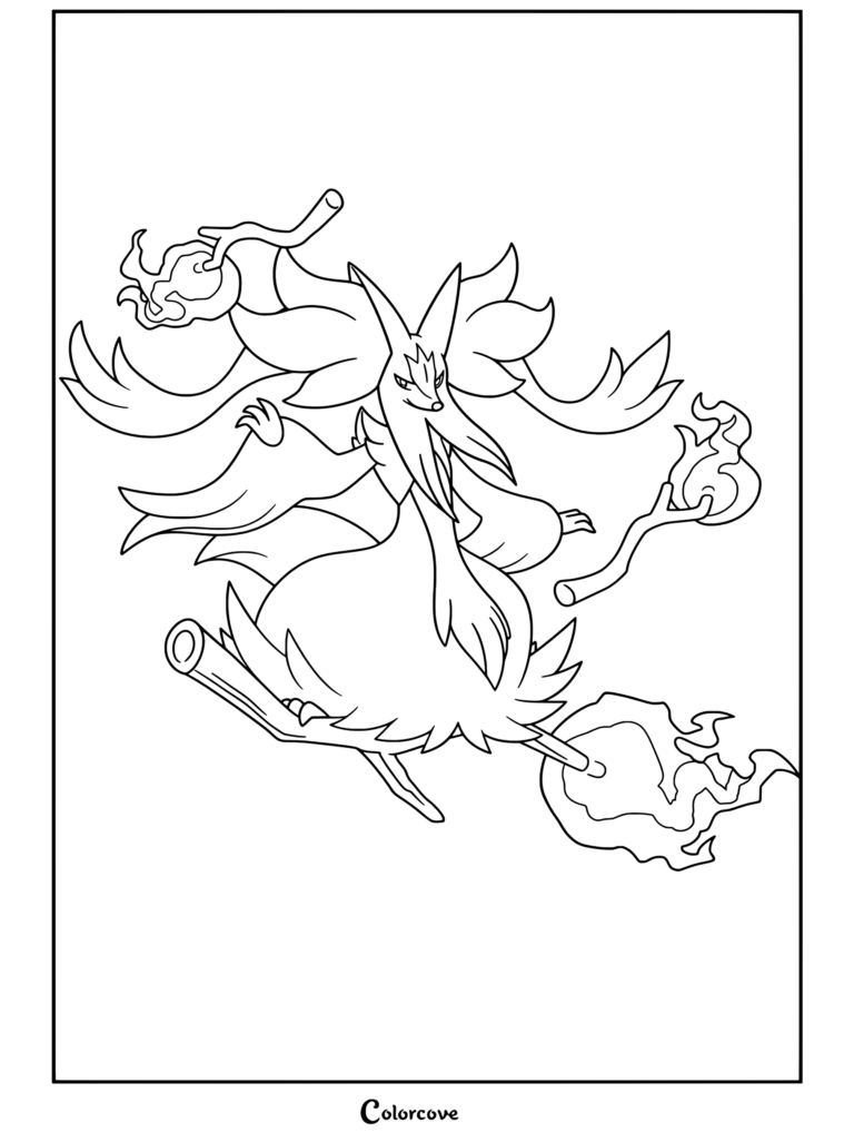 Coloriage de Mega Pokemon représentant Goupelin tenant des branches pointues enflammées et chevauchant un grand balai magique avec des flammes rugissantes.