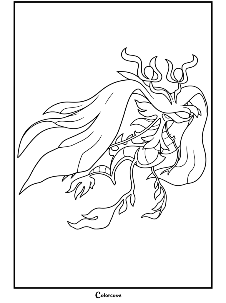 Un coloriage détaillé du personnage Mega Pokemon Méga Kravarech flottant dynamiquement avec des motifs floraux et des appendices fluides.