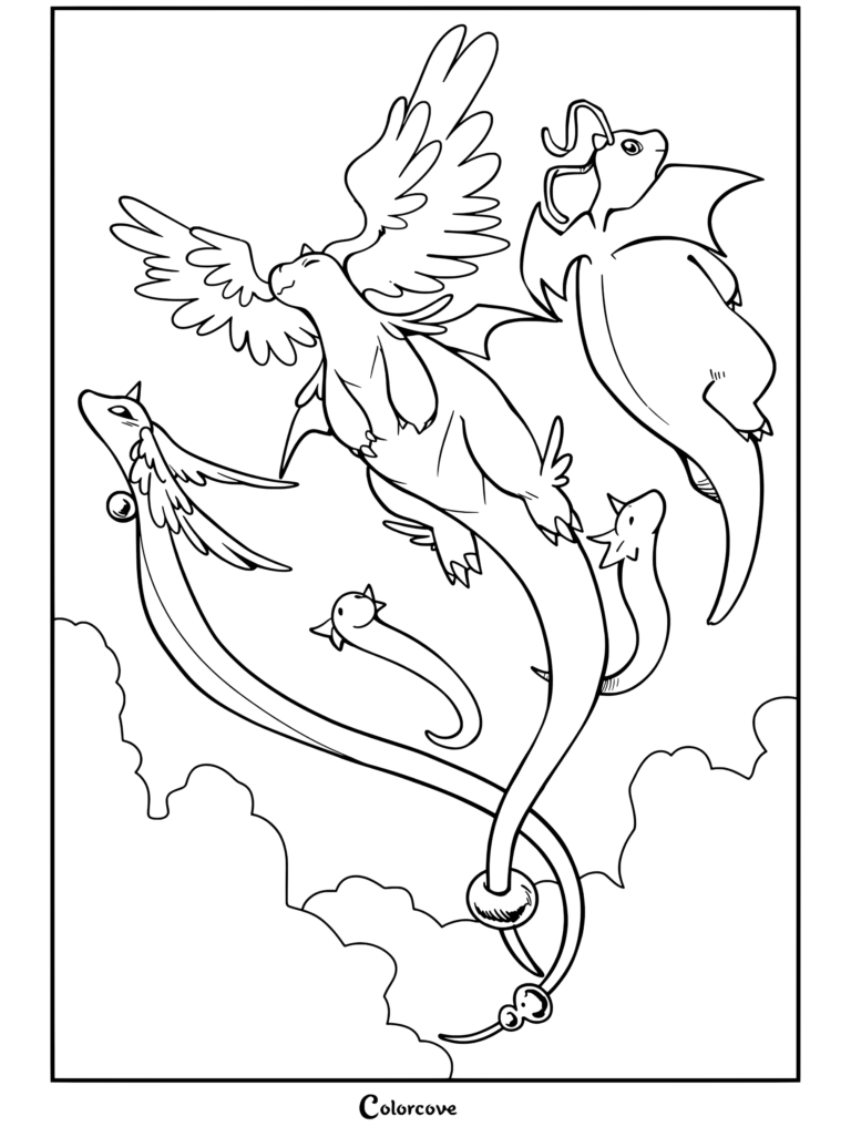 Coloriage de Méga Dracolosse représentant un Mega Pokemon planant à travers les nuages avec des compagnons dragons plus petits.