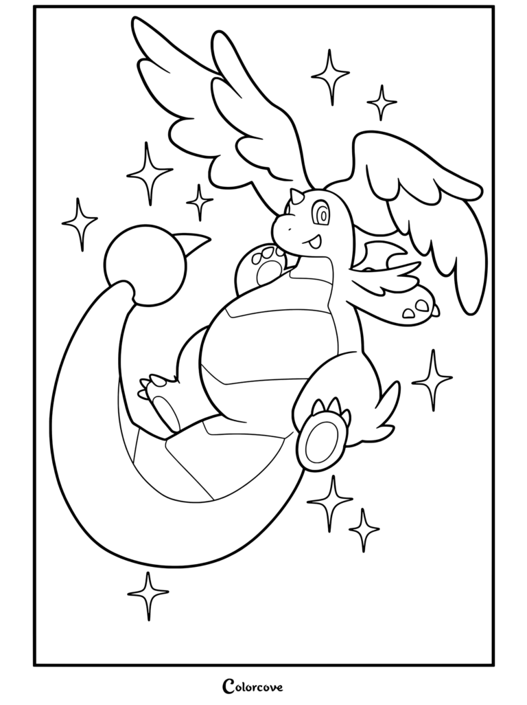 Coloriage gratuit à imprimer de Mega Pokemon représentant Méga Dracolosse volant au milieu d'étoiles étincelantes.