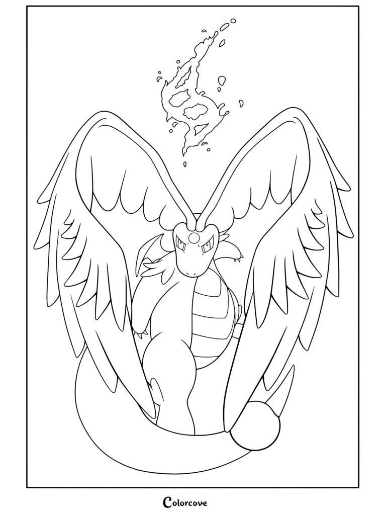 Un coloriage détaillé de Méga Dracolosse flottant avec de grandes ailes à plumes et de l'énergie magique.