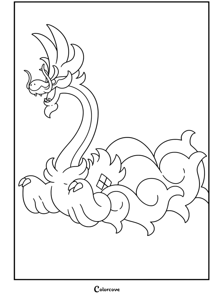 Un coloriage détaillé du personnage Mega Pokemon Méga Draïeul avec des caractéristiques de dragon majestueuses et des motifs corporels fluides.