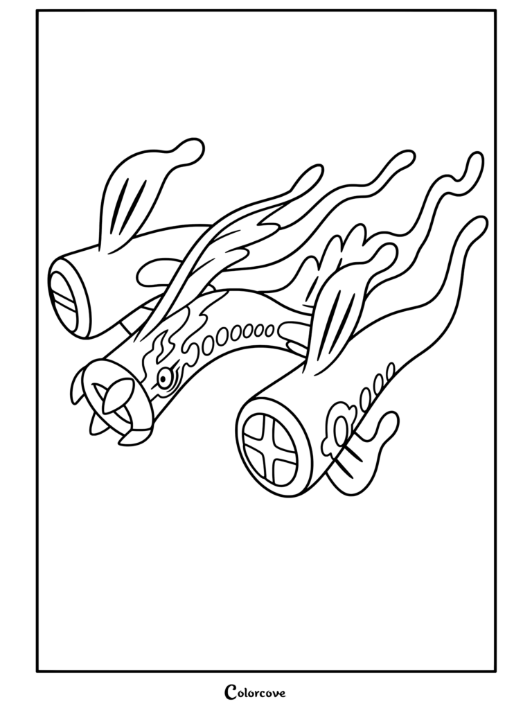Coloriage de Méga Ohmassacre présentant la créature anguille électrique avec des rubans d'énergie flottants et un corps cylindrique.