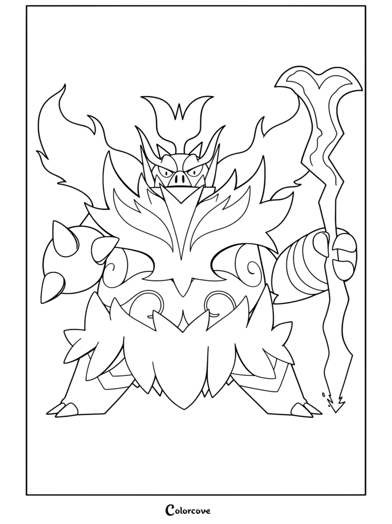 Coloriage de Méga Roitiflam présentant un puissant Mega Pokemon tenant un grand bâton.