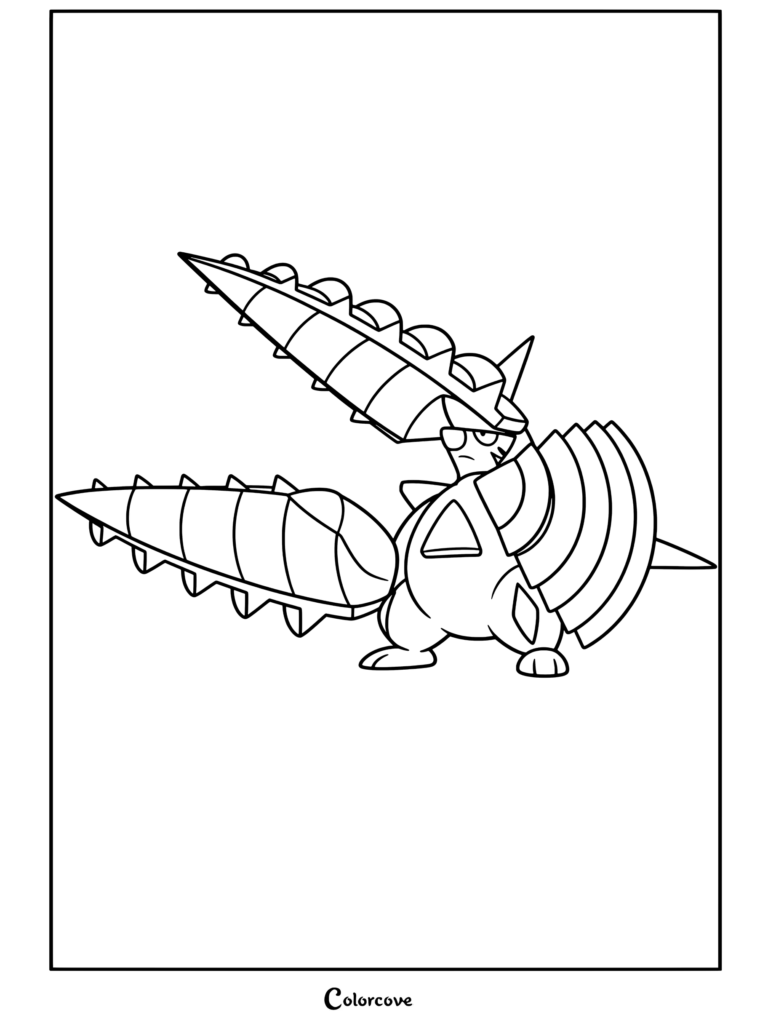 Un coloriage détaillé de Méga Minotaupe issu de Mega Pokemon, mettant en valeur ses bras foreurs proéminents et son corps blindé.