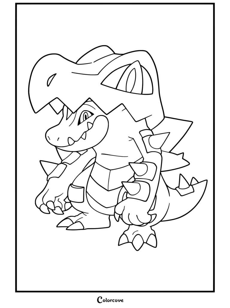 Coloriage gratuit de Mega Pokemon présentant Méga Aligatueur avec une armure à pointes et un casque crânien massif dans un style de contour.