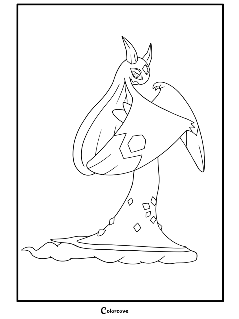 Coloriage en noir et blanc de Méga Momartik, un Mega Pokemon doté d'une robe spectrale semblable à un kimono et d'accents en diamant.