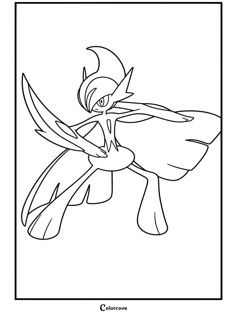 Coloriage de Méga Gallame représentant ce puissant Mega Pokemon en position prête avec des bras en forme de lames.
