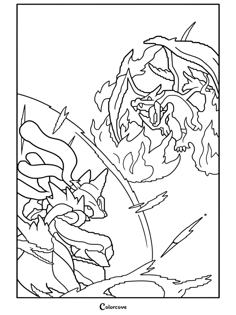 Coloriage de Mega Pokemon représentant une bataille épique entre Méga Dracaufeu et Méga Lucario au milieu de vagues d'énergie enflammées.