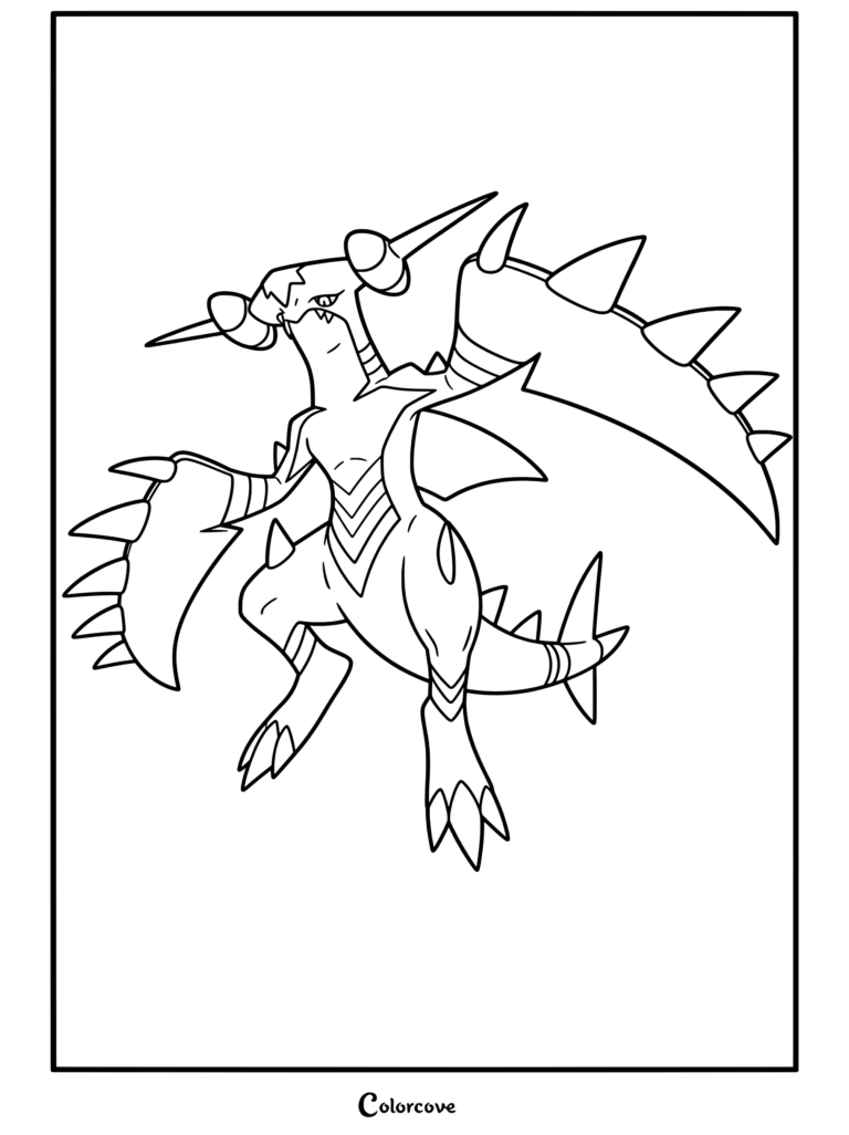 Coloriage de Méga Carchacrok représentant ce puissant Mega Pokemon de type Dragon dans une posture de combat dynamique.