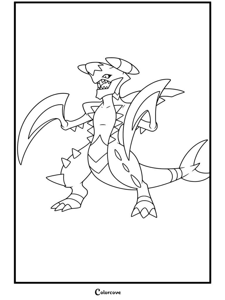 Coloriage de Méga Carchacrok mettant en vedette le puissant Mega Pokemon de type dragon et sol.