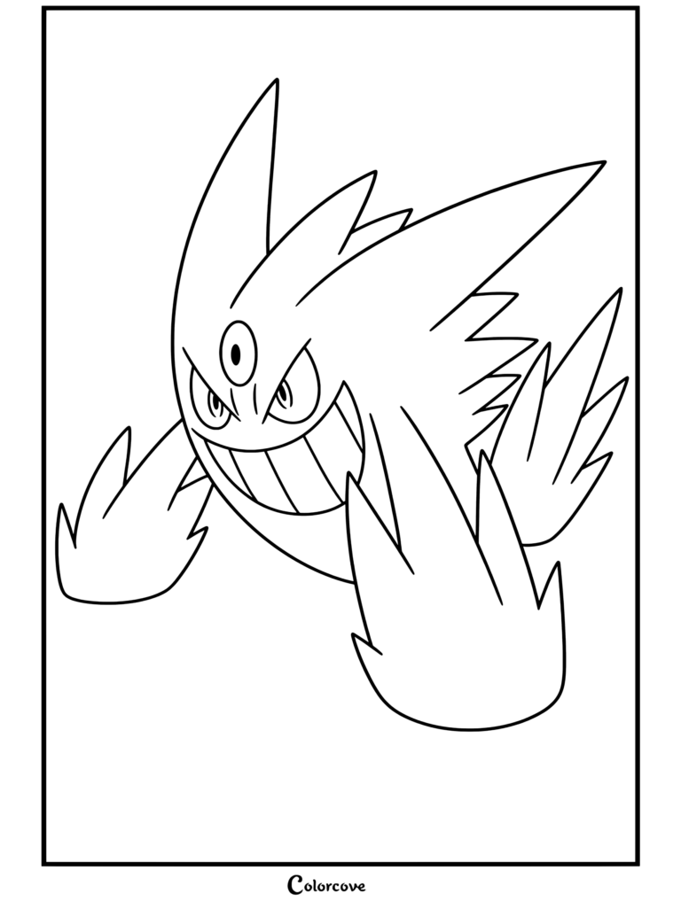 Coloriage de Mega Pokemon représentant Méga Ectoplasma avec son troisième œil ouvert et un sourire narquois dentelé.