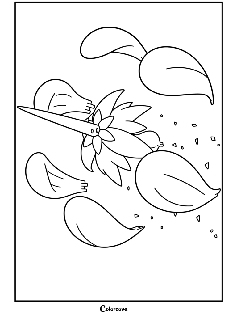 Coloriage de Méga Floramantis présentant un Mega Pokemon flottant avec des pétales volants et des fragments de cristal.
