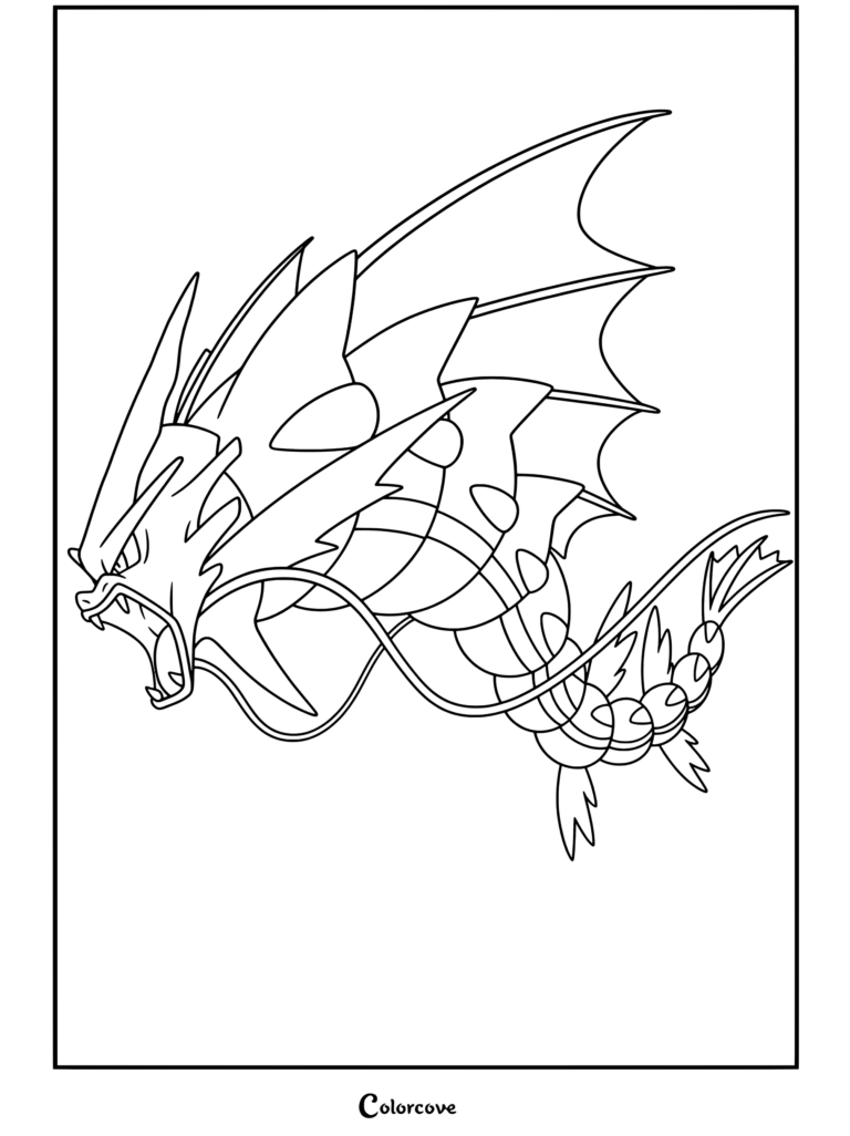 Un coloriage détaillé de Méga Léviator représentant le puissant Mega Pokemon rugissant vigoureusement avec sa nageoire massive et son corps écaillé.