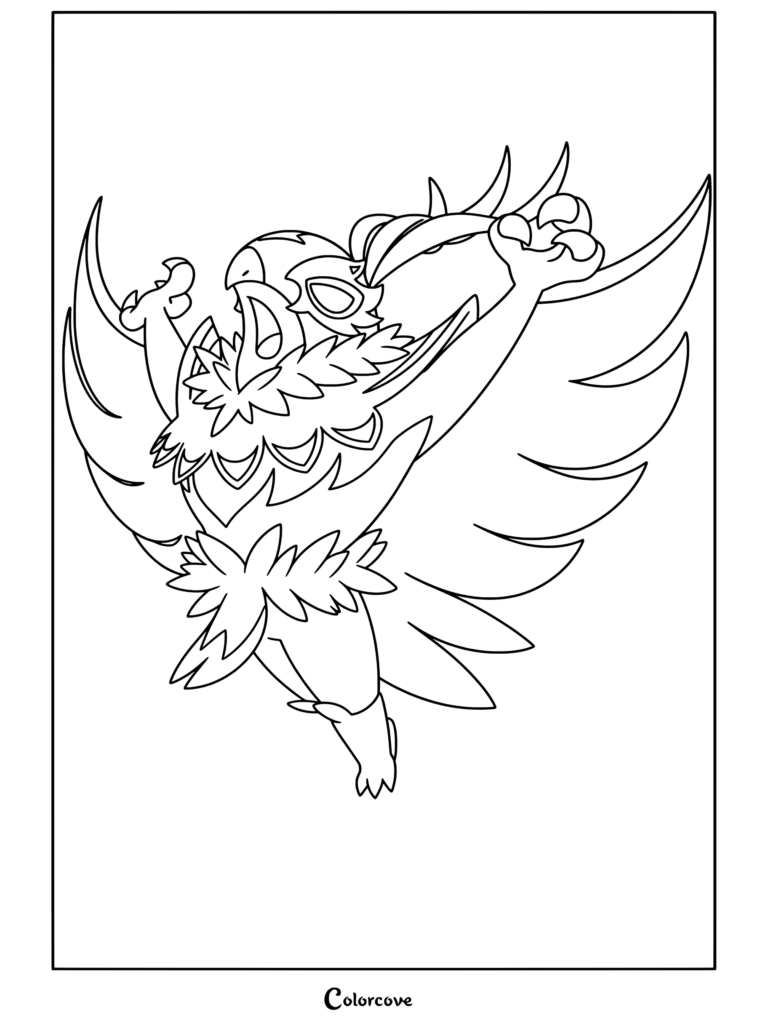 Coloriage de Méga Brutalibré présentant le puissant Mega Pokemon dans une pose d'action avec les ailes déployées.