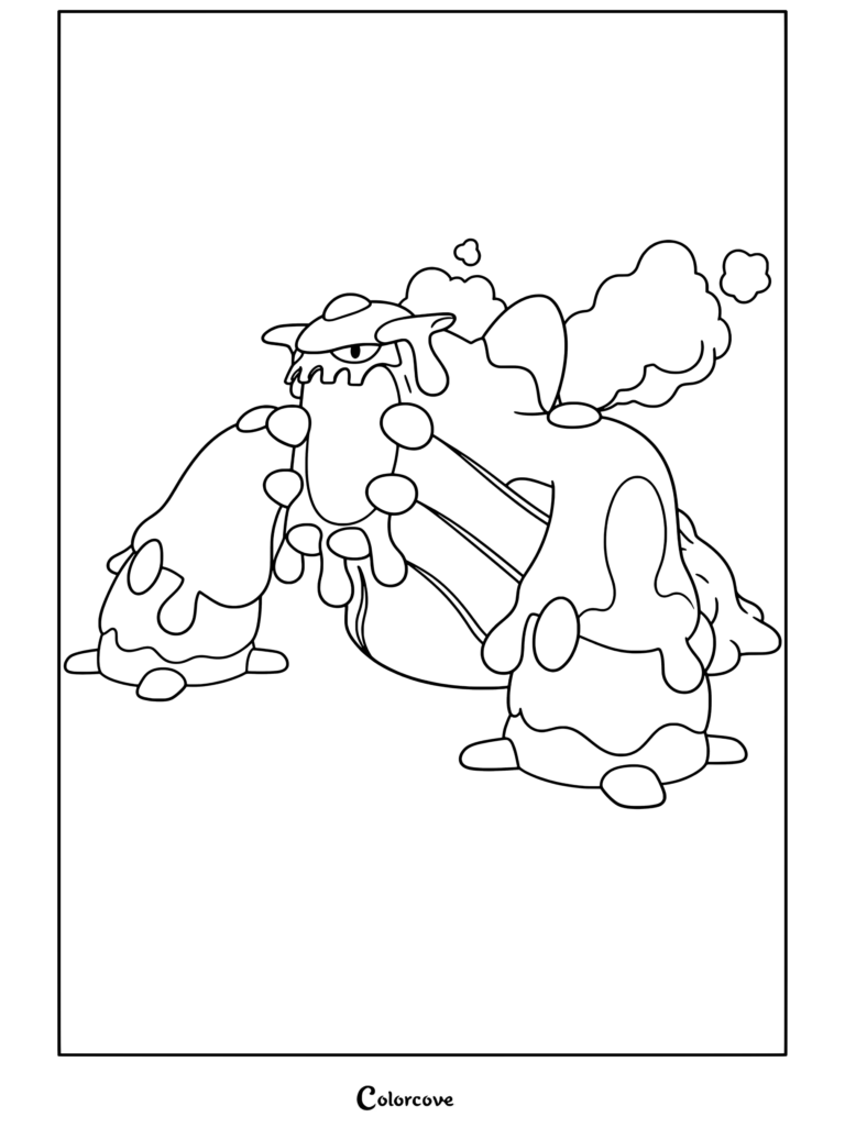 Coloriage de Mega Pokemon représentant Méga Heatran avec de la vapeur s'échappant de son dos et des coulées de magma.