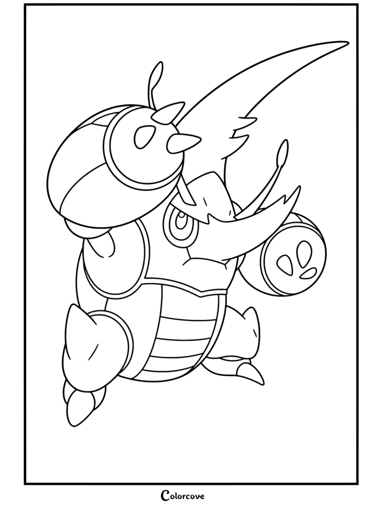 Un coloriage détaillé de Méga Scarhino de Mega Pokemon, montrant la grande créature semblable à un scarabée avec sa corne proéminente et son corps blindé.
