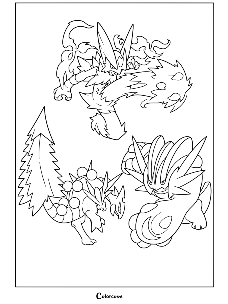 Coloriage des méga-évolutions des starters de Hoenn avec Méga Jungko, Méga Braségali et Méga Laggron en poses d'action pour les fans de Mega Pokemon.