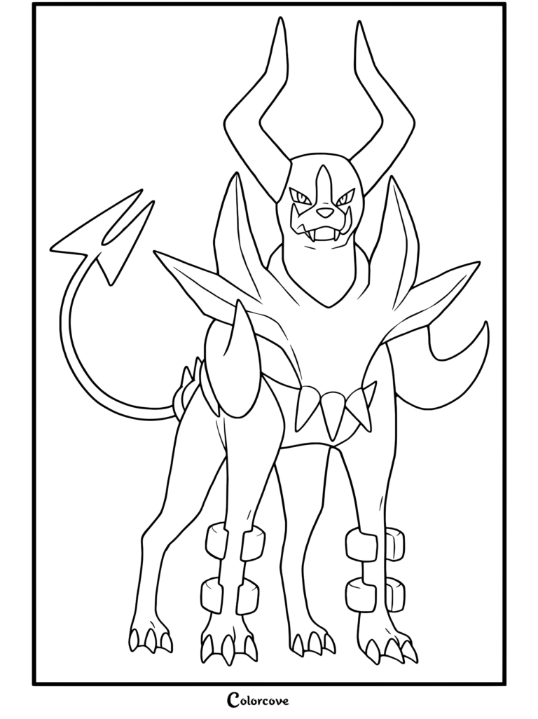 Coloriage de Méga Démolosse présentant un design de personnage de Mega Pokemon détaillé avec de grandes cornes et un collier épineux.