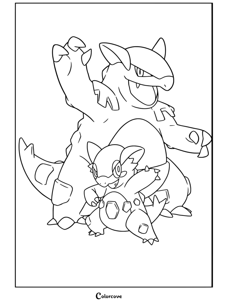 Coloriage de Méga Kangourex présentant le Mega Pokemon avec son bébé dans une pose de combat énergique.