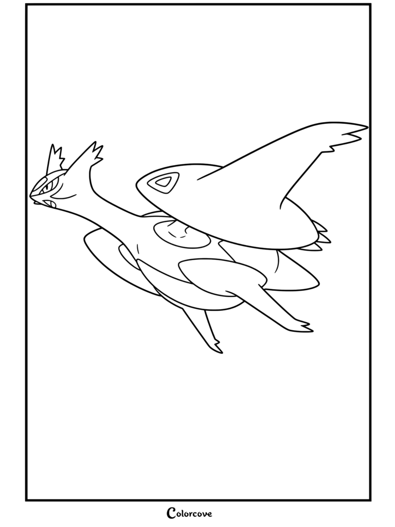 Coloriage de Méga Latios représentant le Mega Pokemon de type dragon planant dans une pose de vol dynamique.